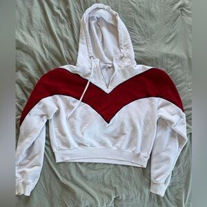 Subdued Women’s White and Red Chevron Style Colorblock Cropped Hoodie